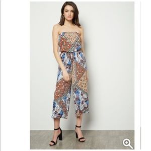 Blue border print strapless cropped jumpsuit